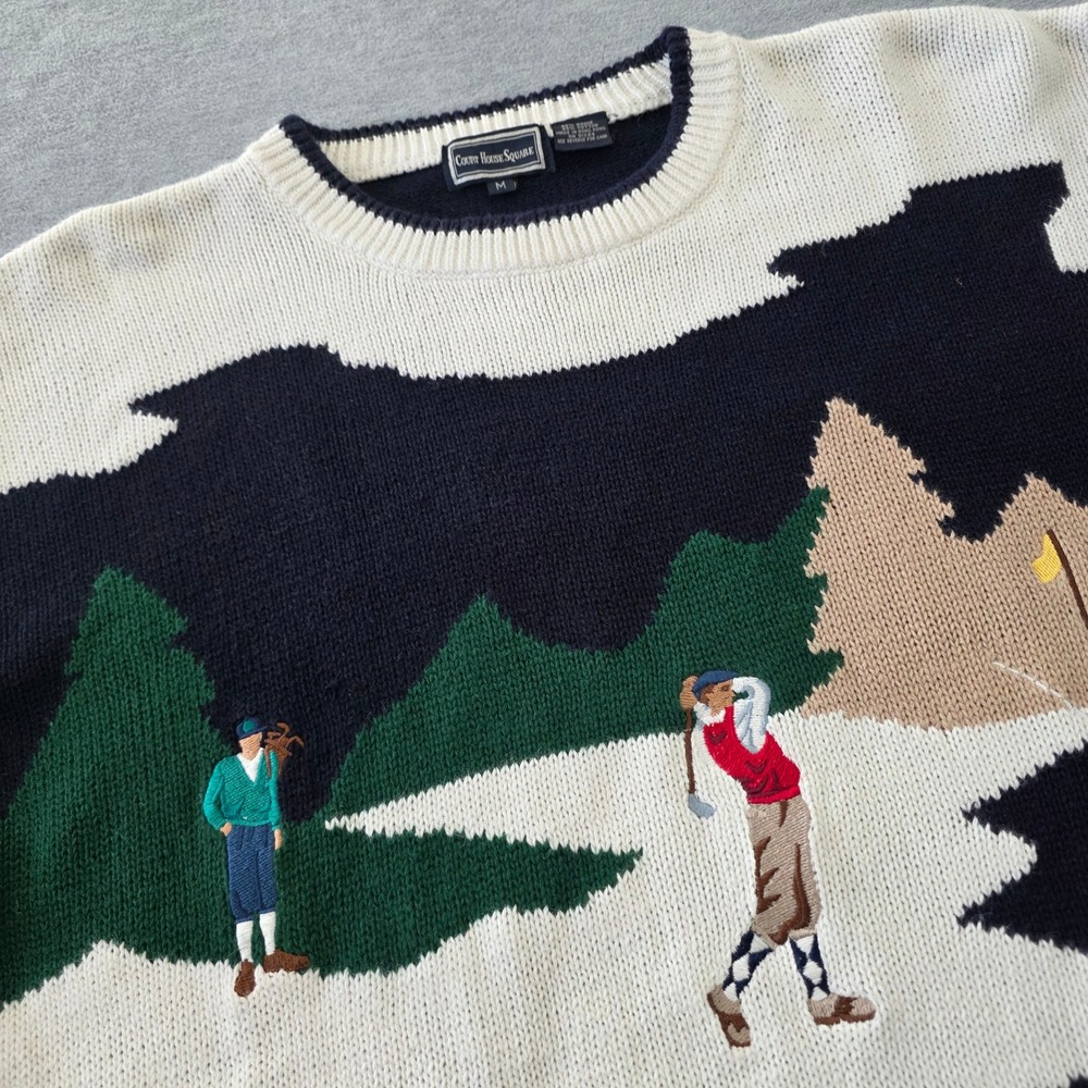 Court House Square Mens Vintage Golf Scene Knit Sweater Navy Blue Argyle Medium